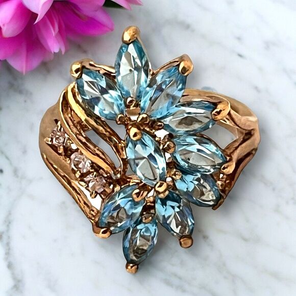 Vintage Ring Size 6 Blue Crystal Cluster 14K Gold Plate Mid-Century 14E - Picture 13 of 14